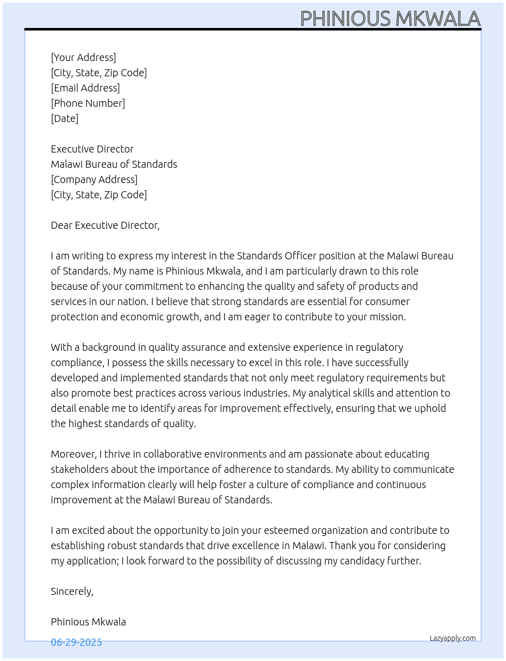 standards officer At Malawi bureau of standards Cover Letter