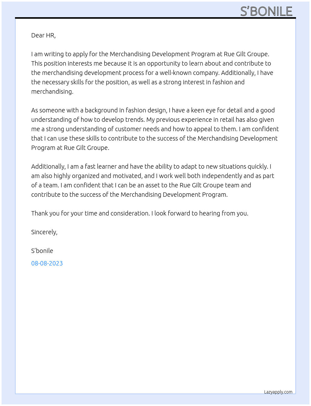 Merchandising Development Program  At Rue Gilt Groupe  Cover Letter