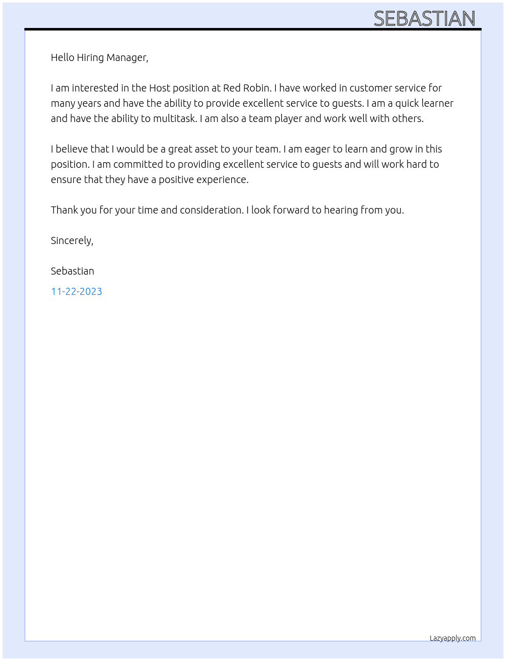 Host At Red Robin Cover Letter