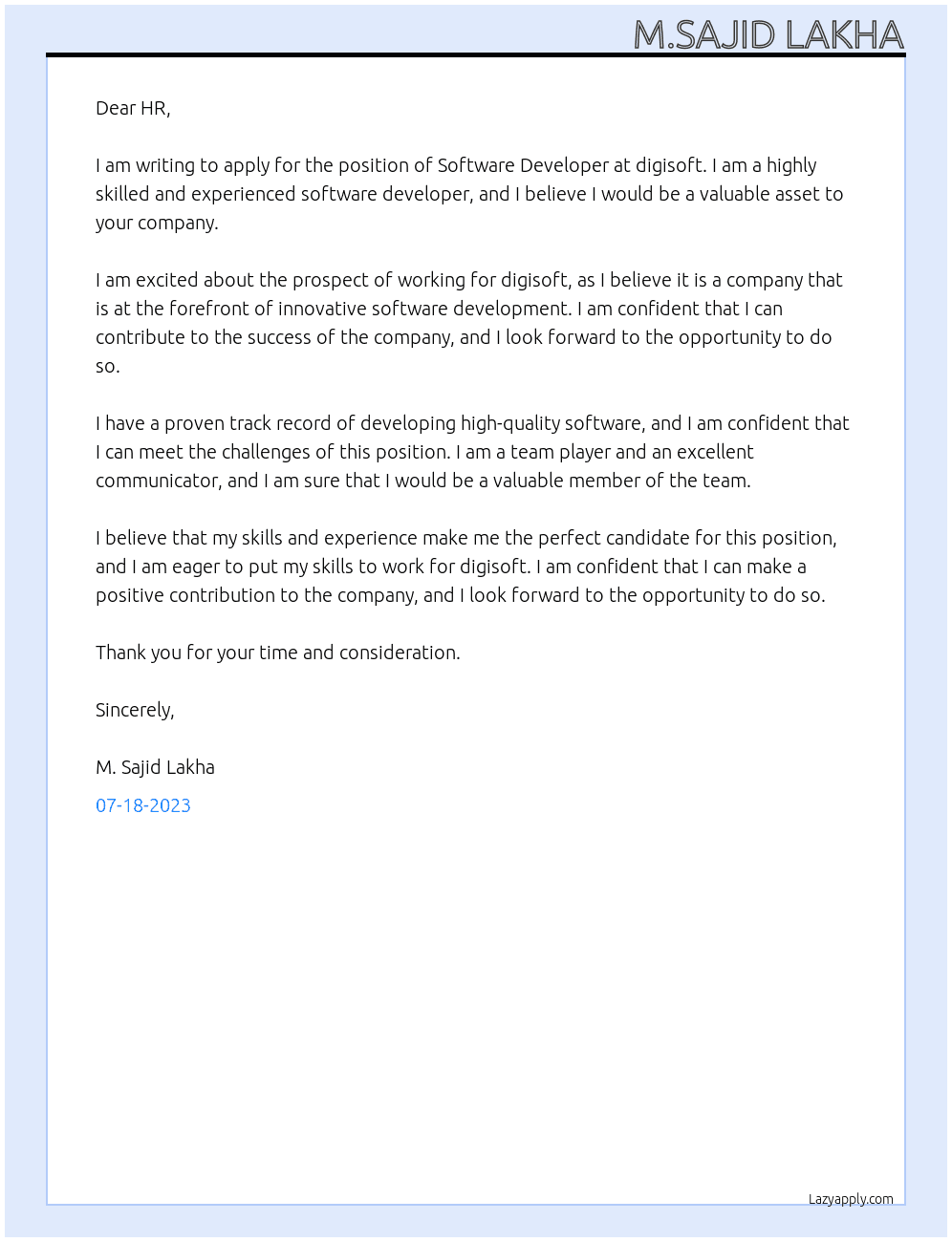 Software Developer At digisoft Cover Letter