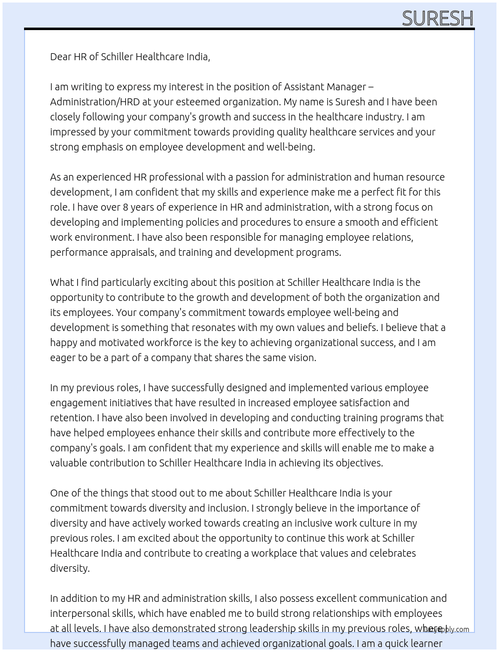 Assistant Manager – Administration/HRD At sCHILLER HEALTHCARE INDIA Cover Letter
