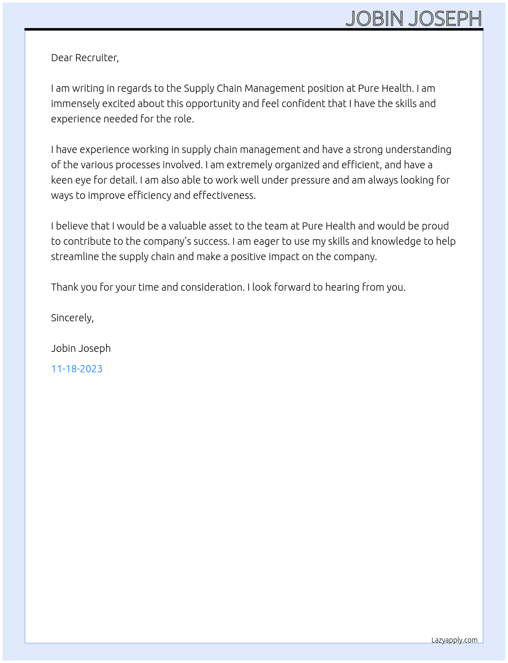 Supply Chain Management At Pure Health Cover Letter