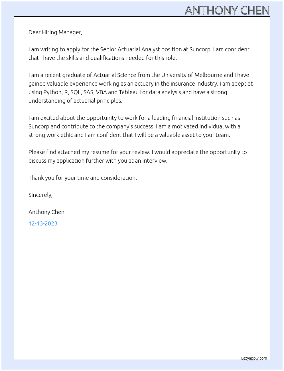 Senior actuarial analyst At Suncorp Cover Letter