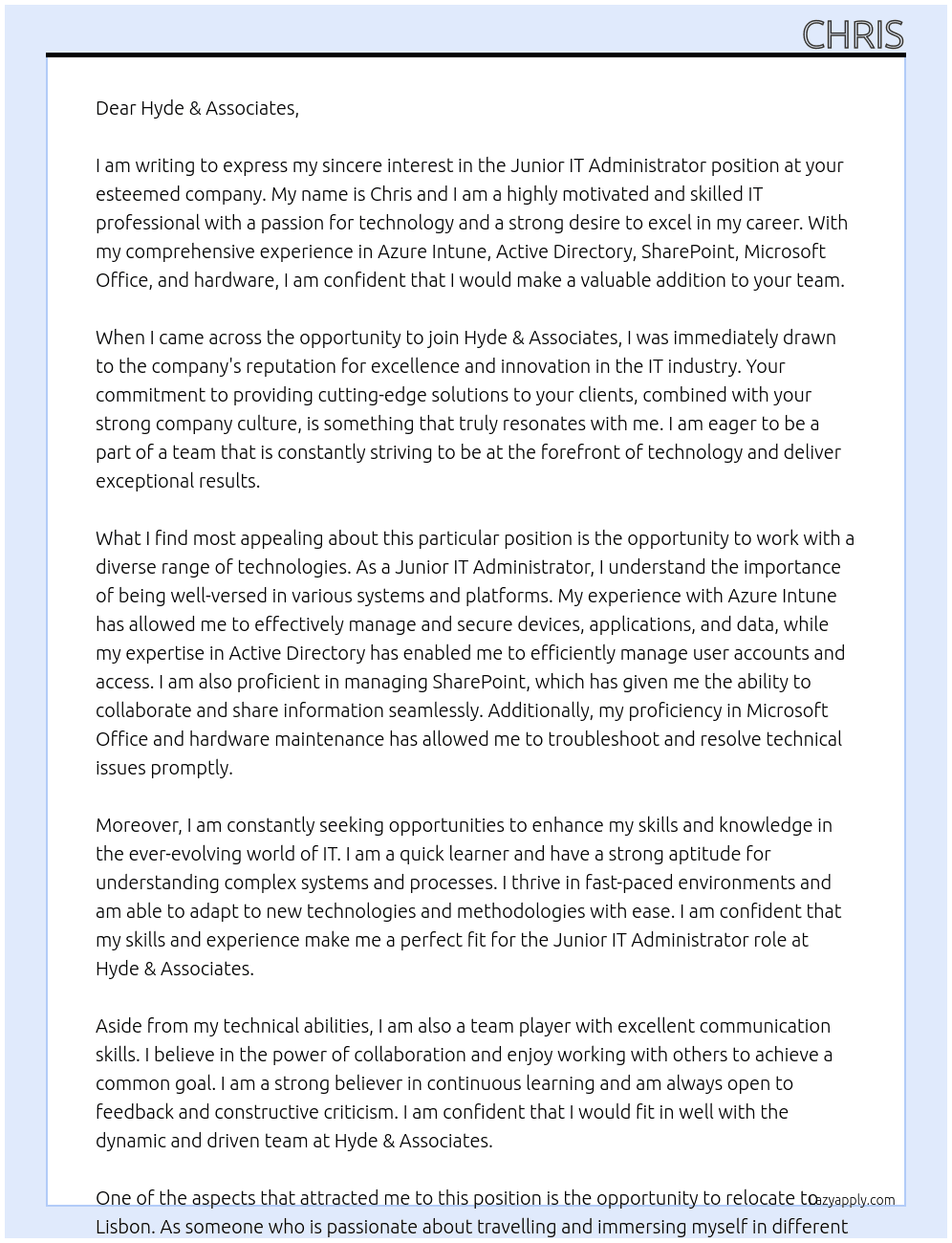 Junior IT Administrator  At Hyde & Associates Cover Letter