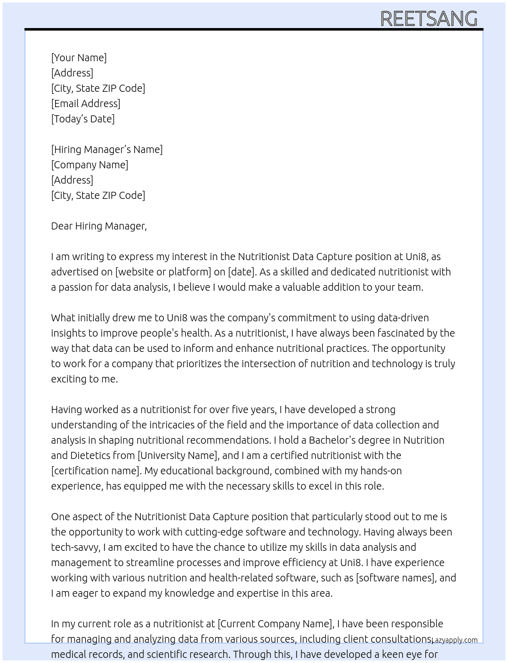 Nutritionist data capture  At Uni8 Cover Letter