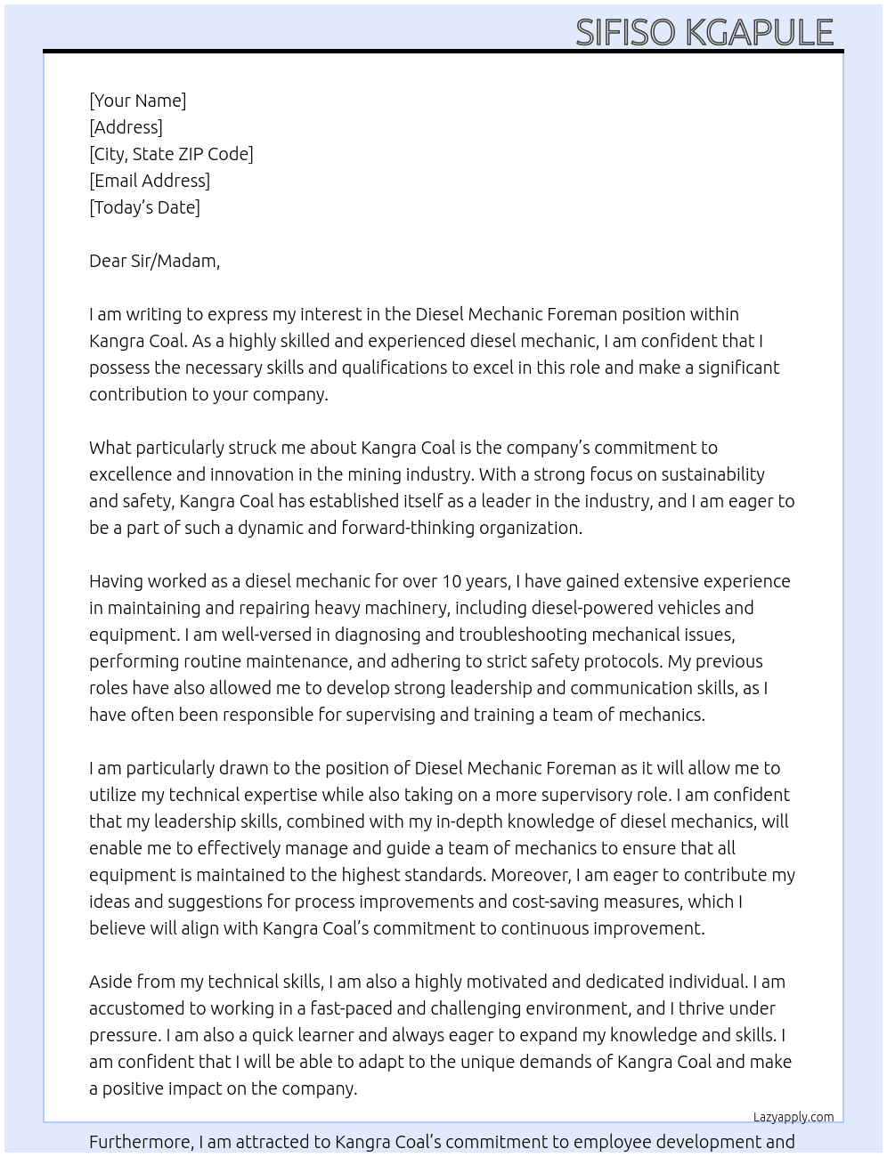 Diesel mechanic Foreman  At Kangra coal  Cover Letter