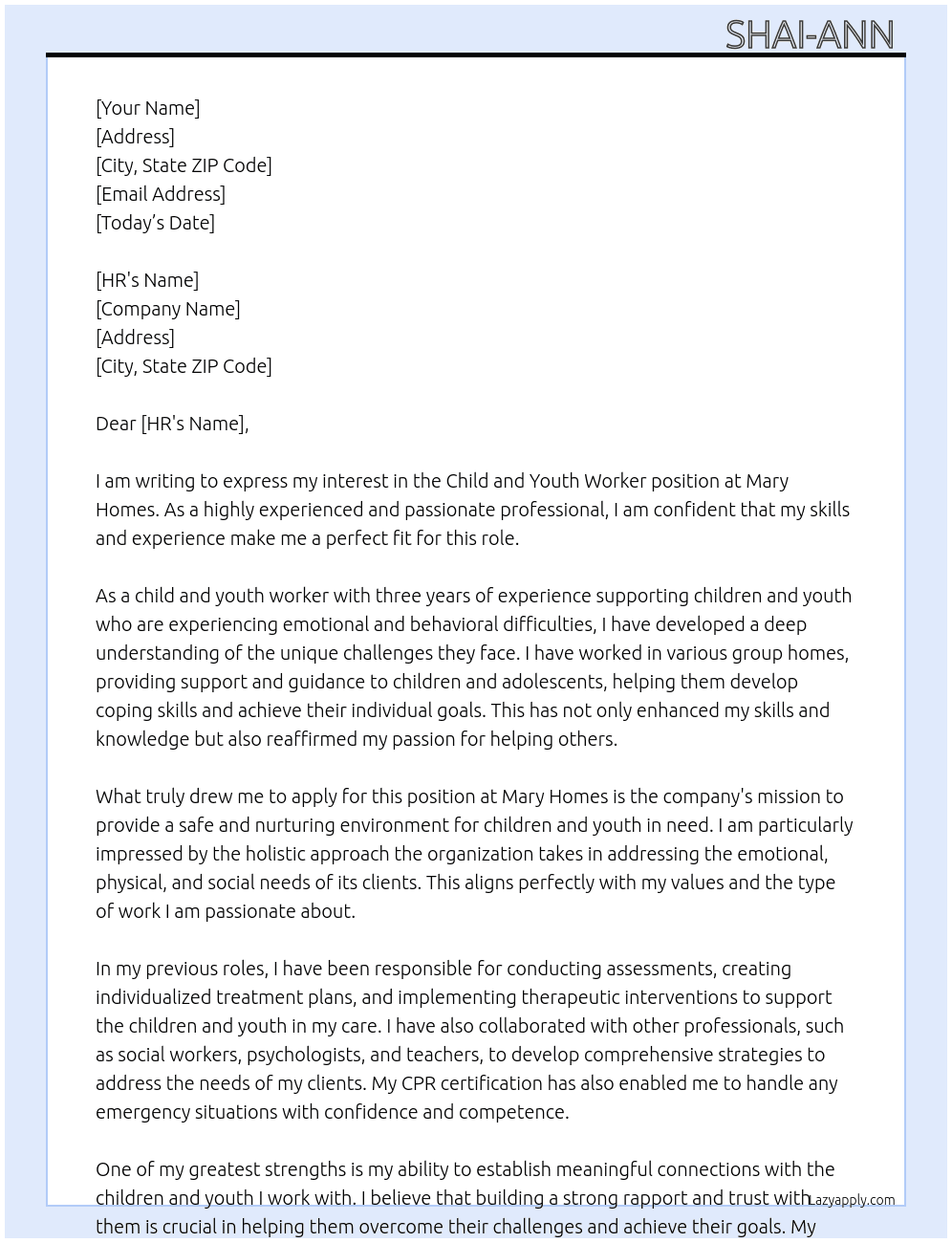 Child and youth worker  At Mary Homes  Cover Letter