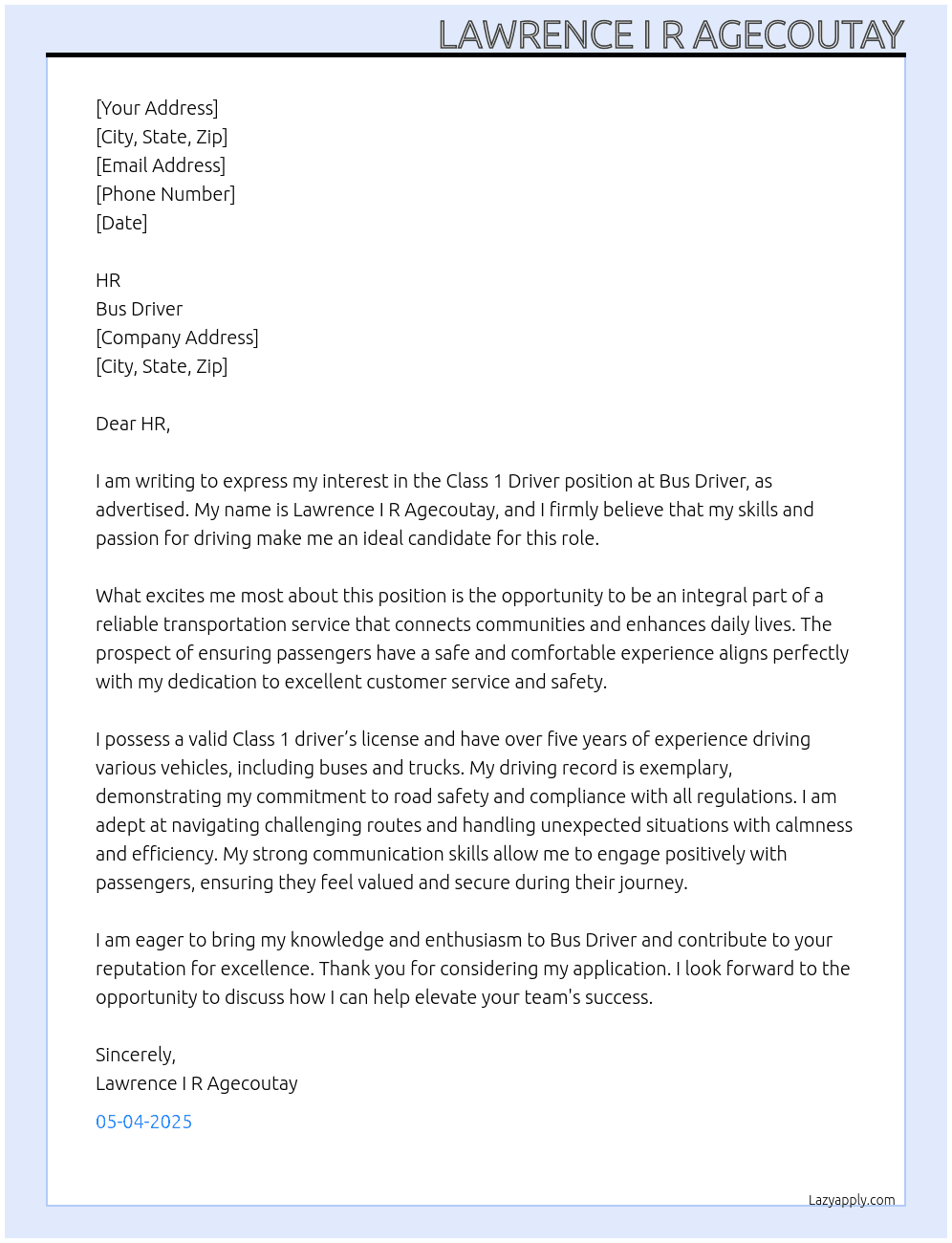 Class 1 driver At Bus driver Cover Letter