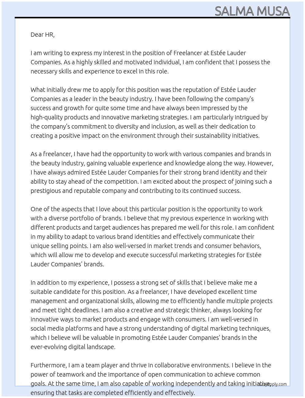 Freelancer At Estée Lauder Companies  Cover Letter