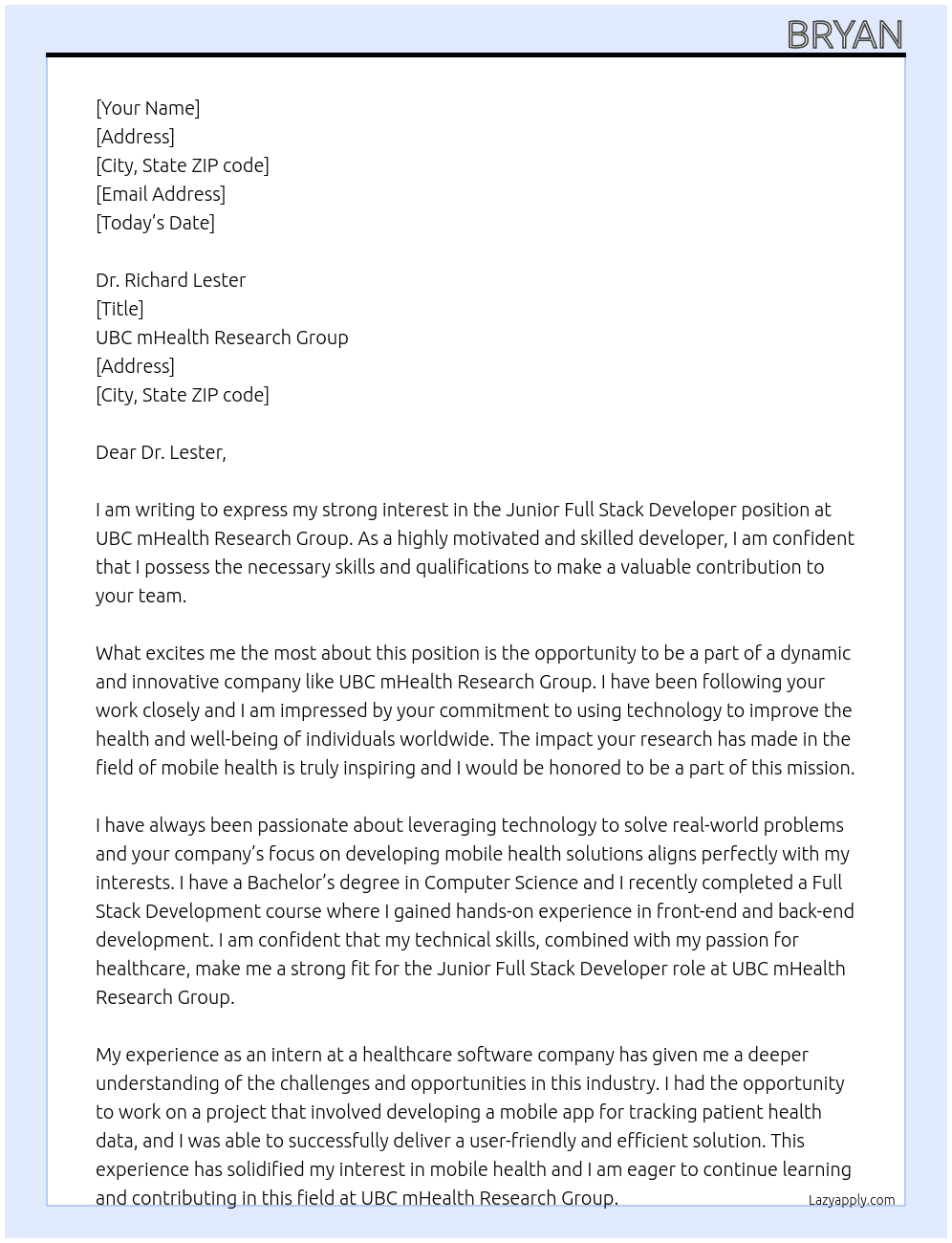 Junior Full Stack Developer At UBC mHealth Reaserch Group Cover Letter