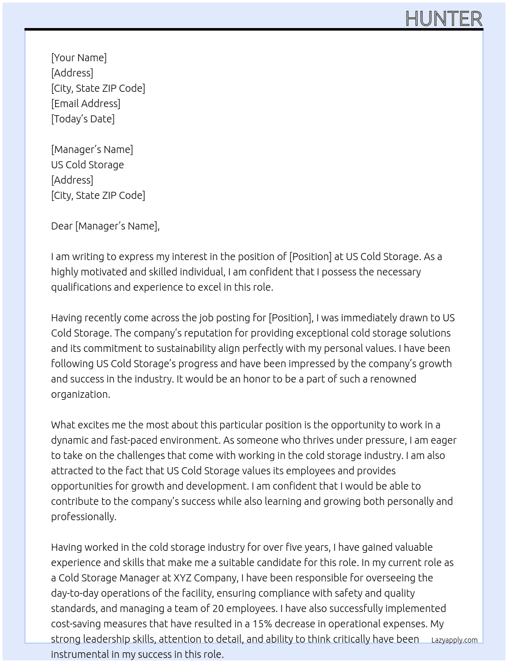 us cold storage At us cold storage Cover Letter