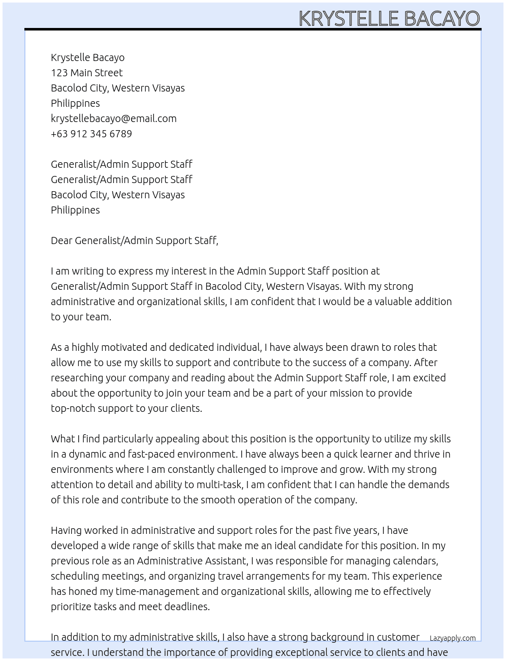 Admin Support Staff At Generalist/Admin Support Staff Cover Letter