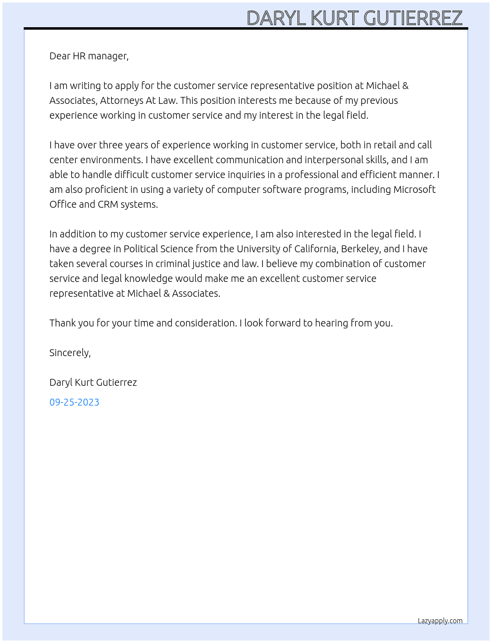 Customer service representative  At Michael & Associates, Attorneys At Law Cover Letter