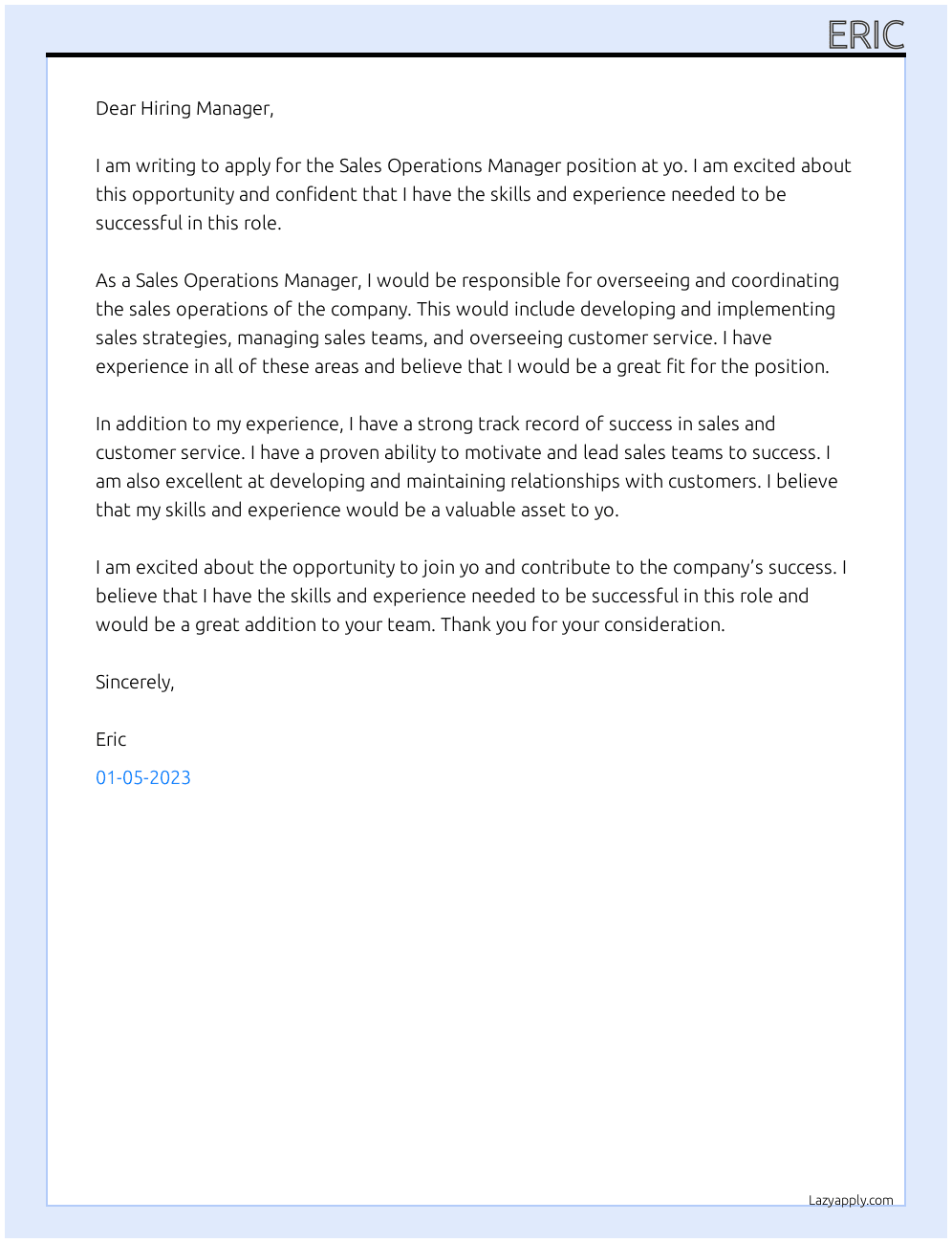 Cover letter for sales opeartions manager - LazyApply