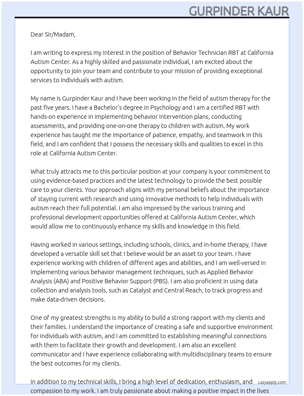 behavior technician RBT At california autism center Cover Letter