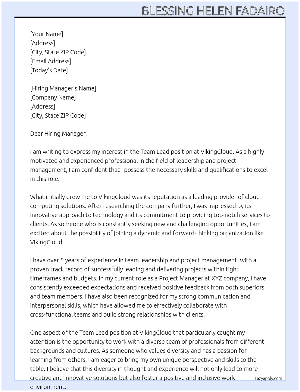 Team Lead At VikingCloud Cover Letter