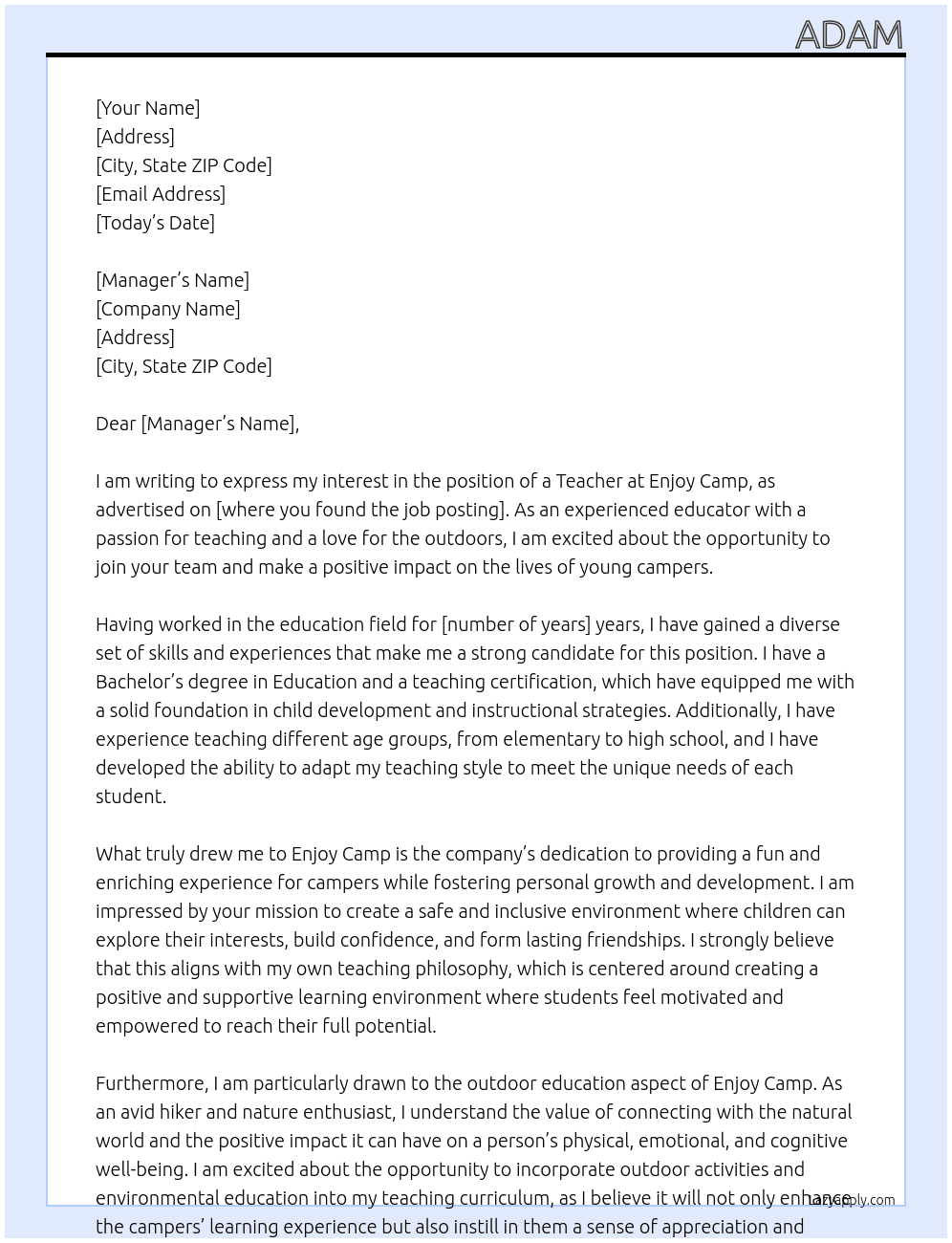 Teacher At Enjoy camp Cover Letter