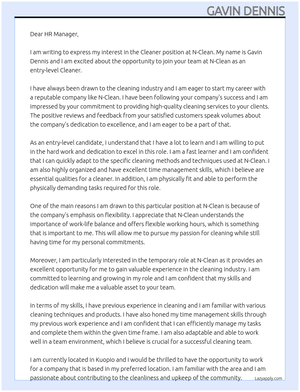 Cleaner(entry level) At N-Clean Cover Letter