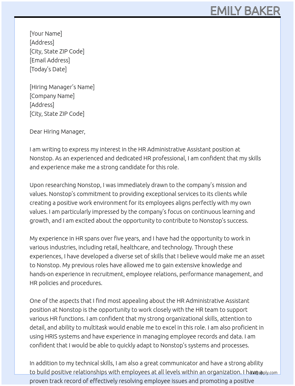 HR administrative Assistant At Nonstop Cover Letter