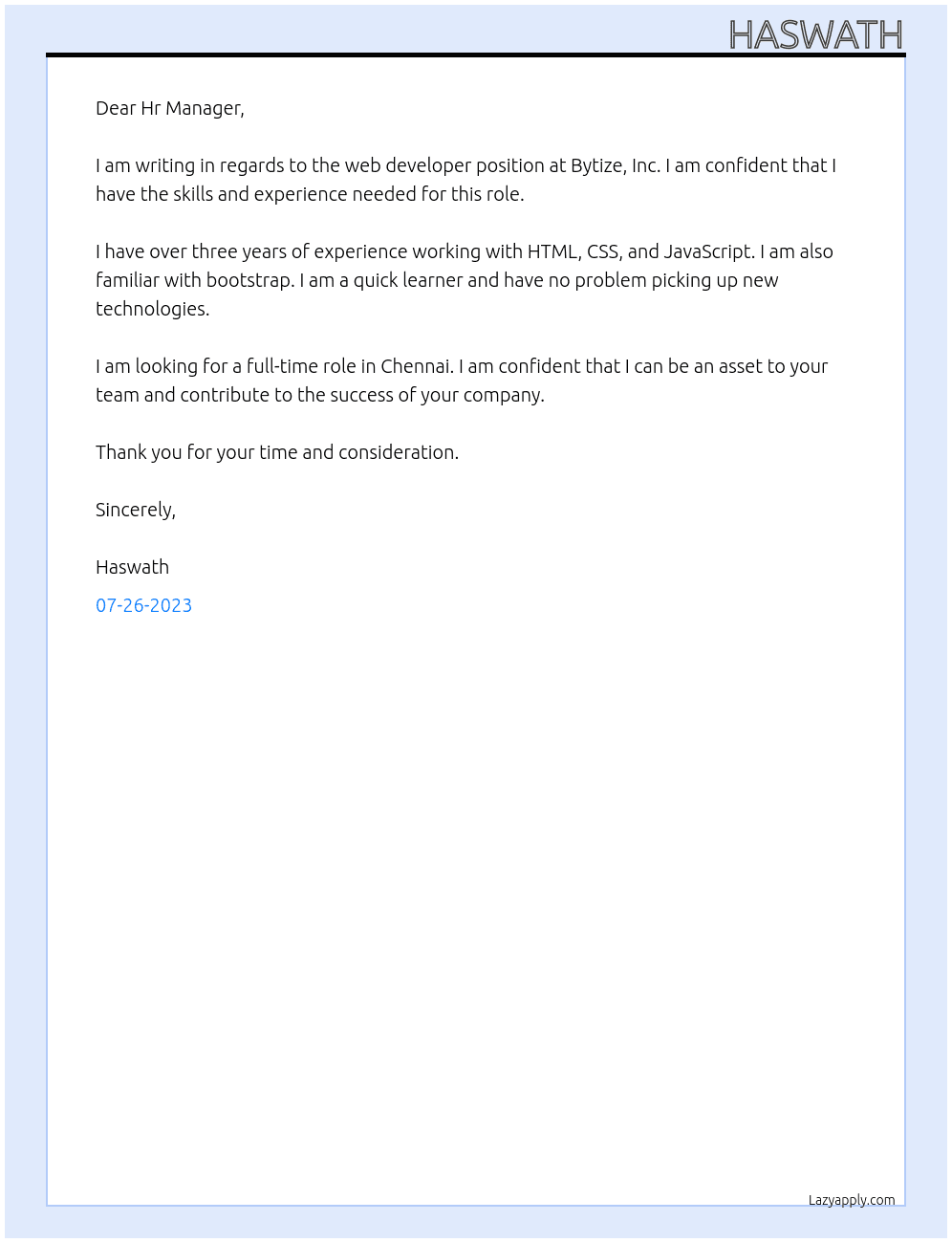 Web developer At Bytize, Inc Cover Letter