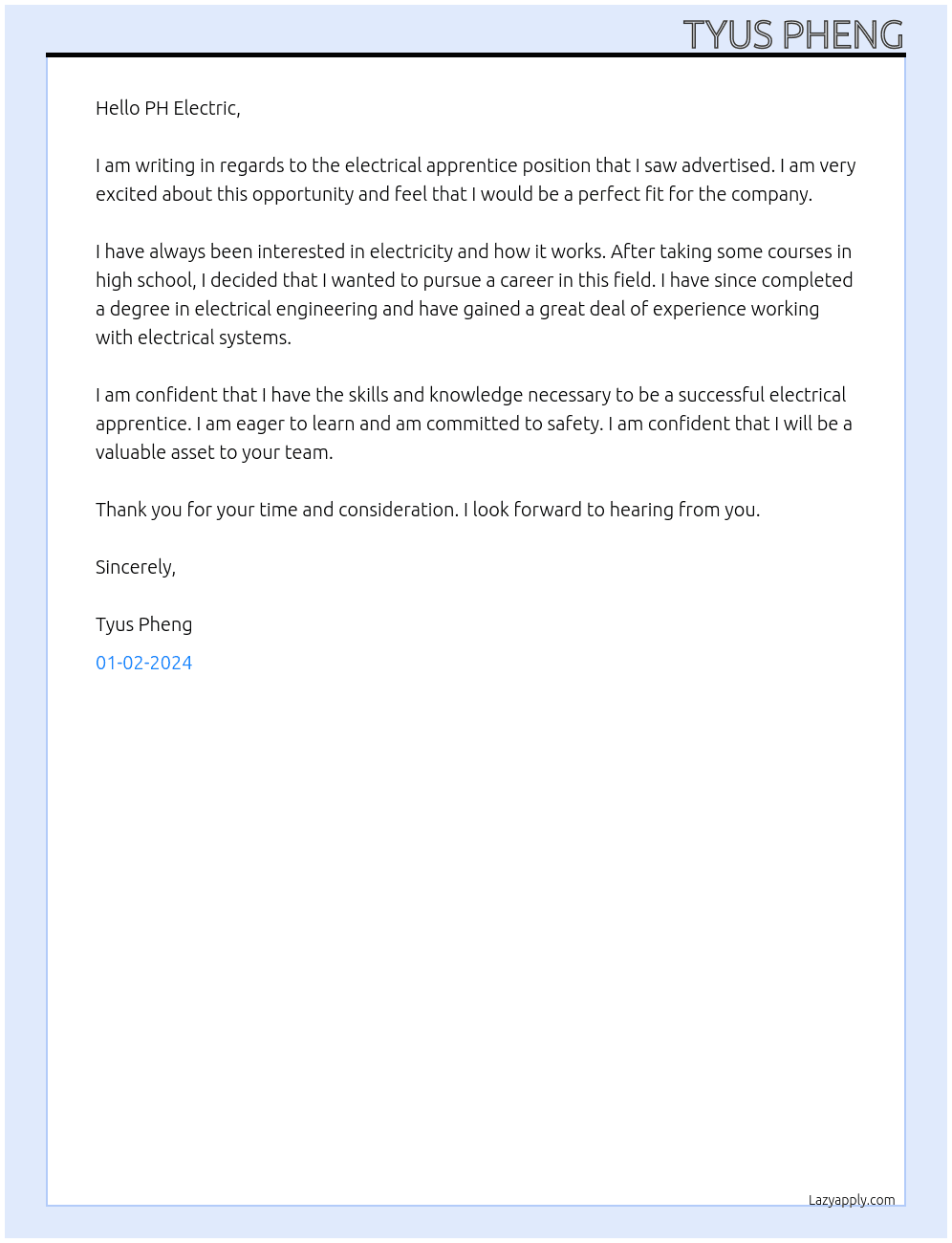 electrical apprentice At PH Electric Cover Letter