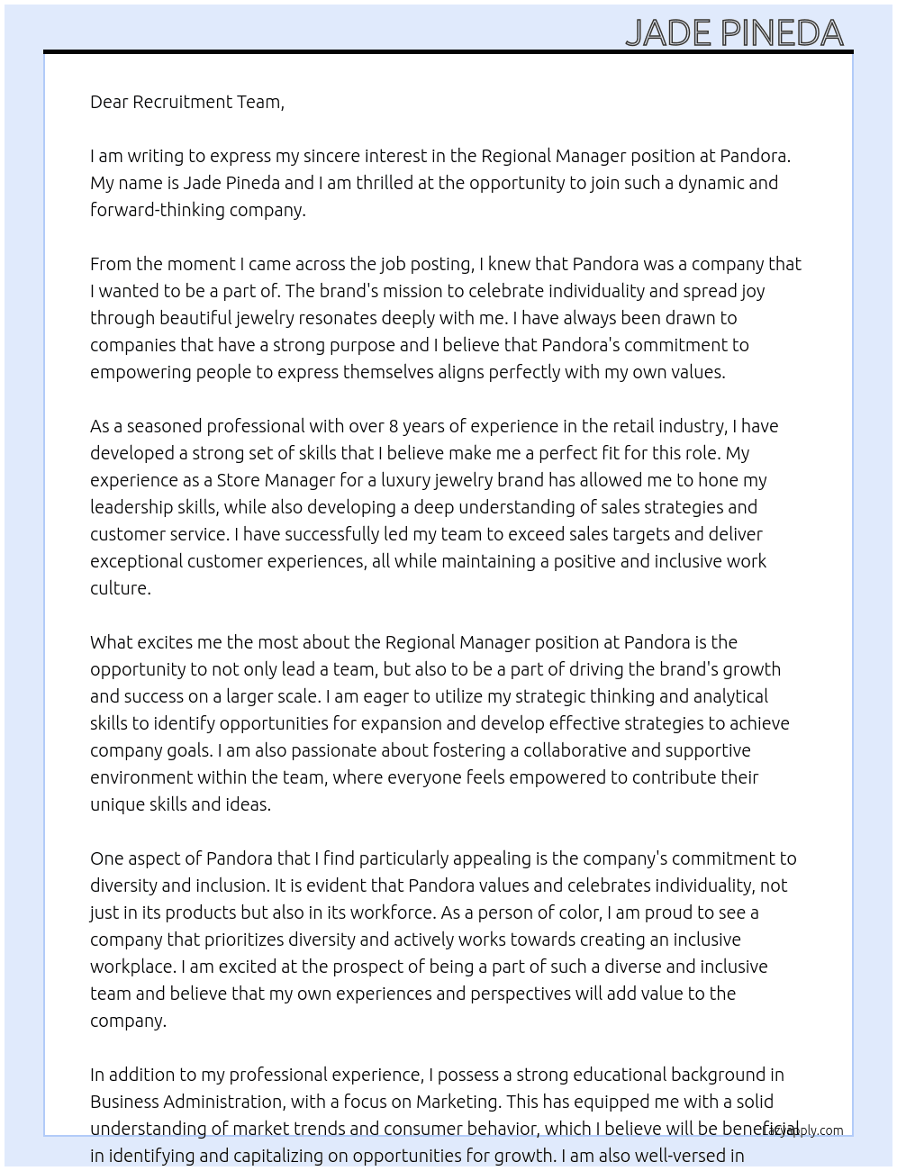Regional Manager At Pandora Cover Letter