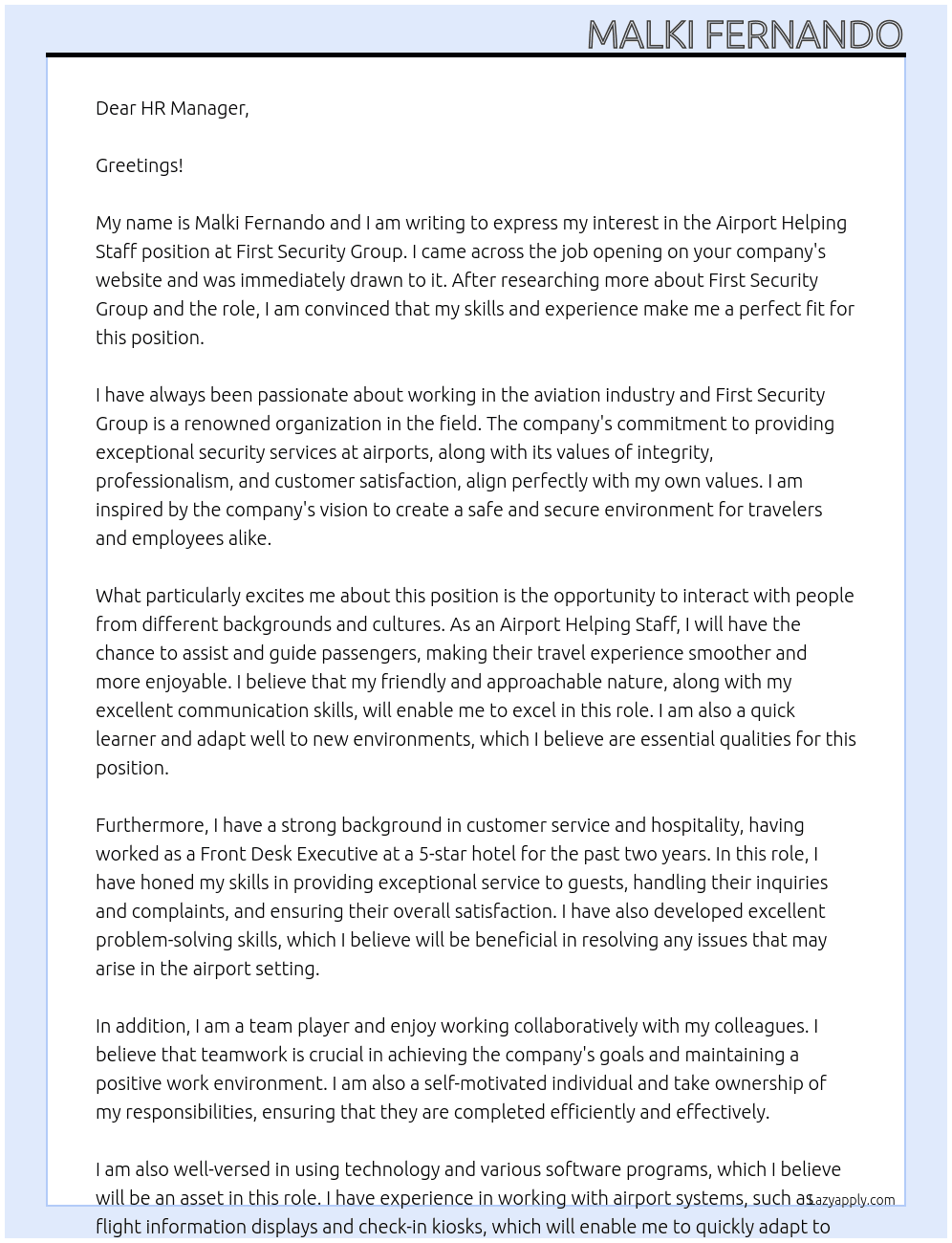 Airport Helping Staff At First Security Group Cover Letter