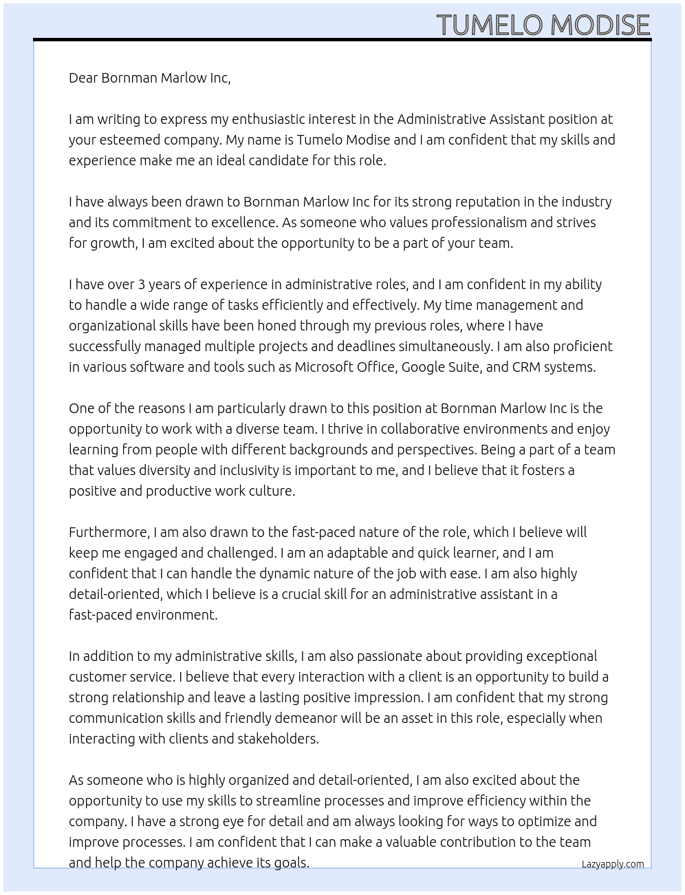 Administrative Assistant At Bornman Marlow Inc Cover Letter