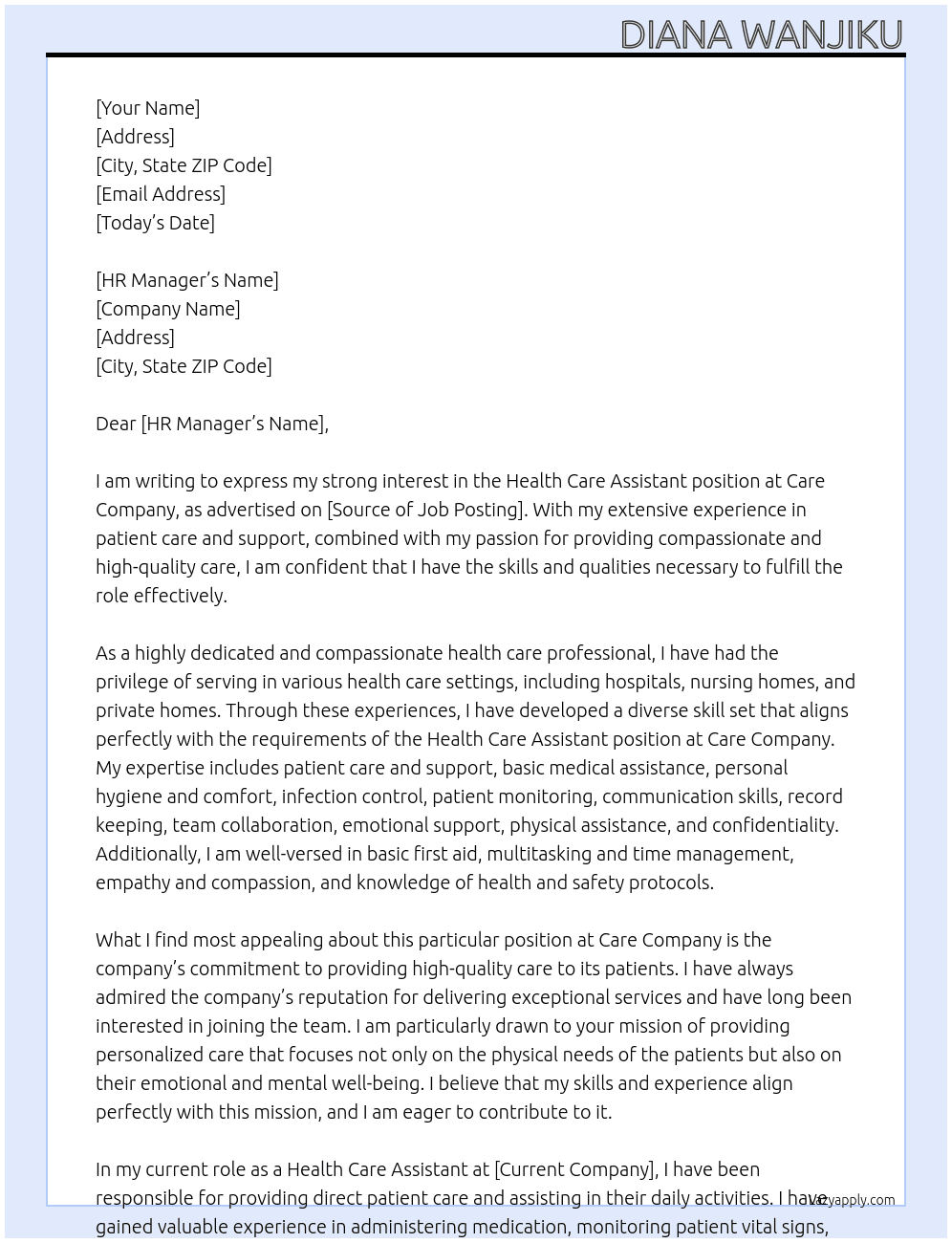 Health care assistant At Care company Cover Letter