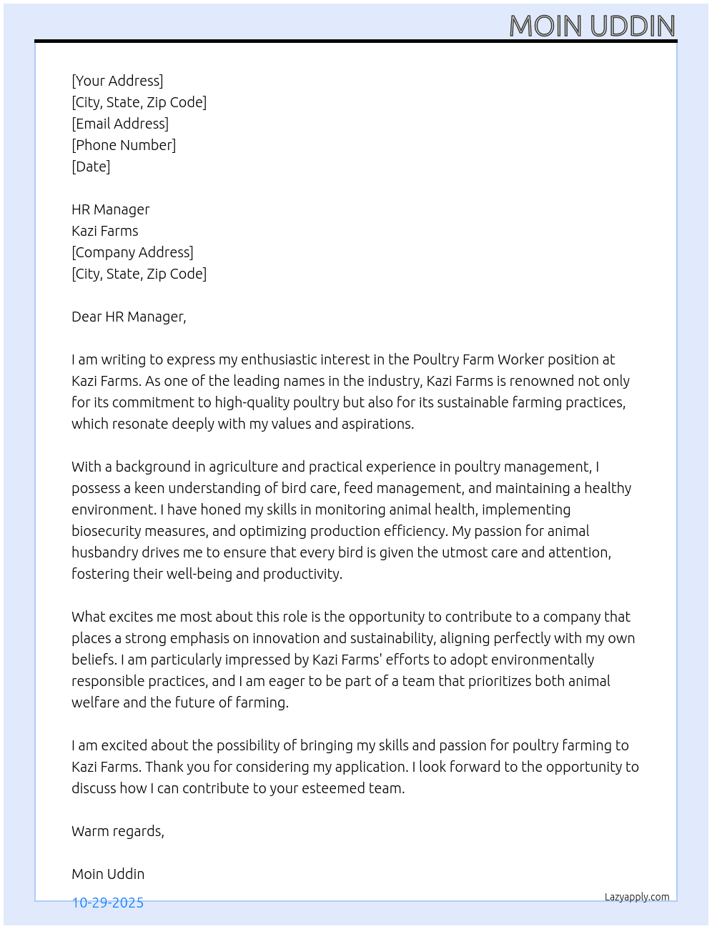 Poultry farm worker  At Kazi farms Cover Letter