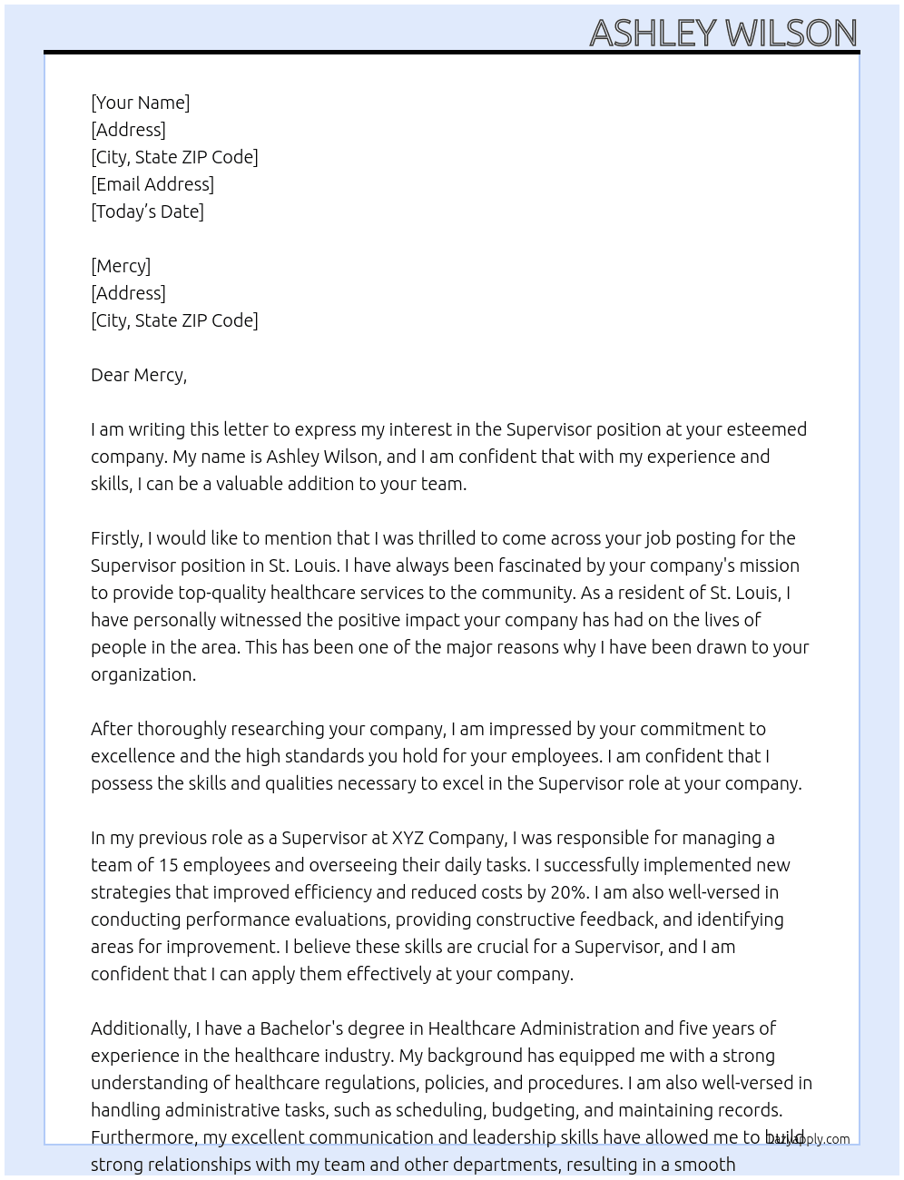 Supervisor  At Mercy Cover Letter