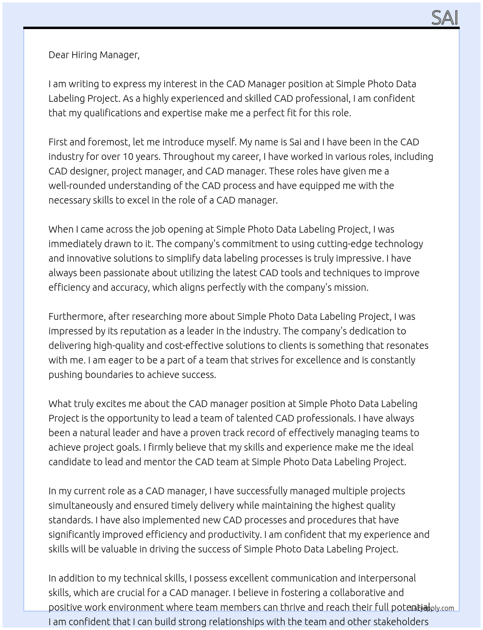 CAD manager At Simple Photo Data Labeling Project Cover Letter