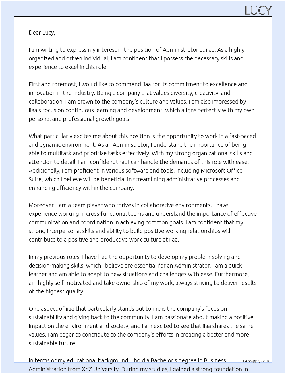Adiminstrator At iiaa Cover Letter