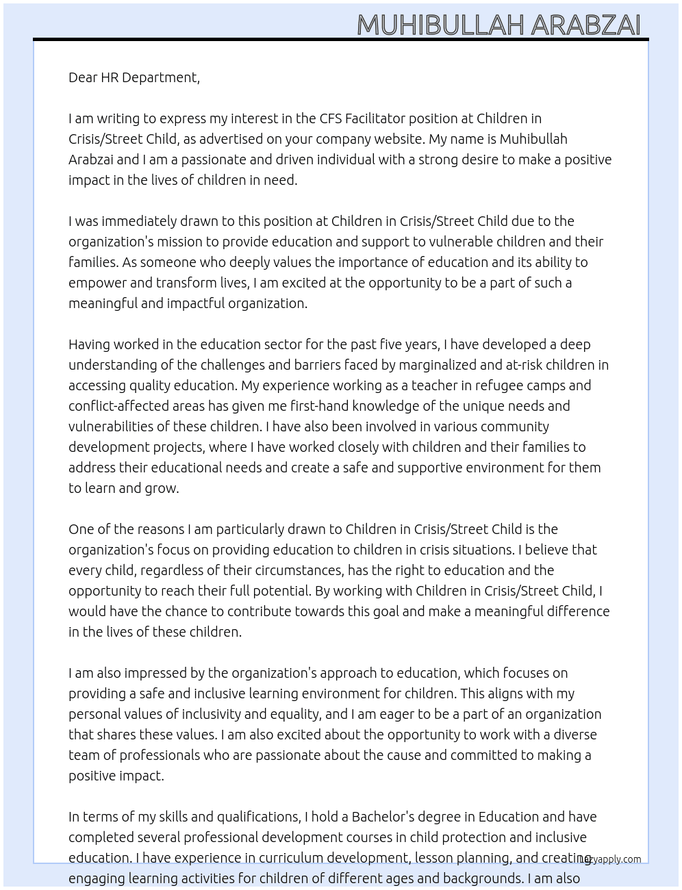 CFS FACILITATOR  At Children in Crisis/Street Child Cover Letter