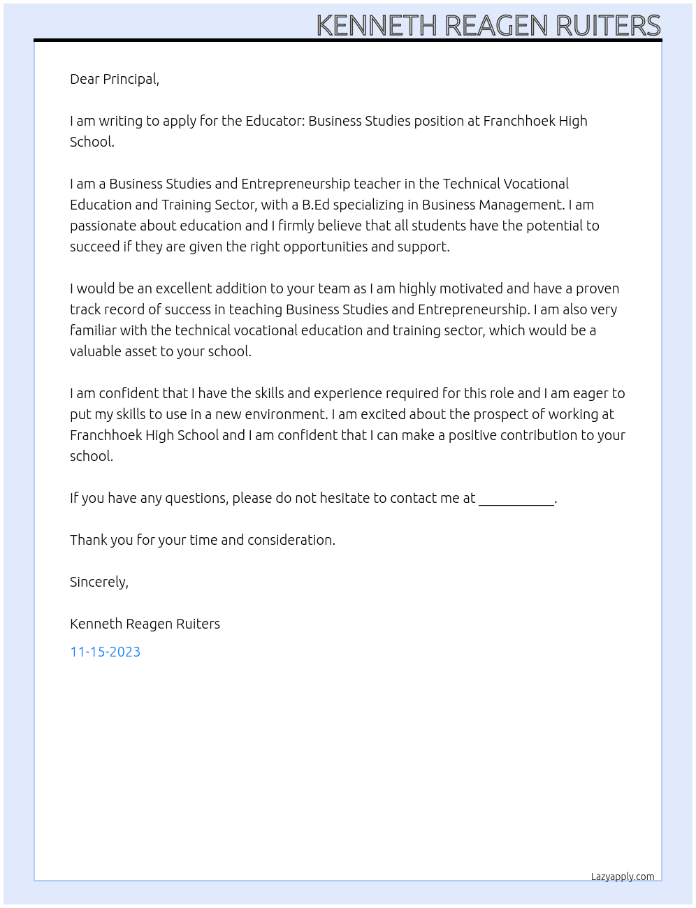 Educator: Business Studies At Franchhoek High School Cover Letter