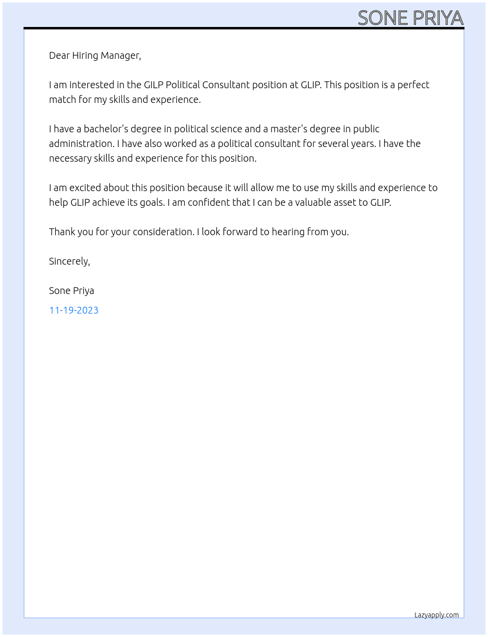 GILP Political Consultant At GLIP Cover Letter