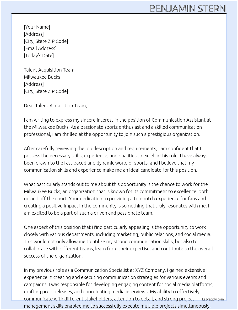 Communication Assistant At Milwaukee Bucks Cover Letter