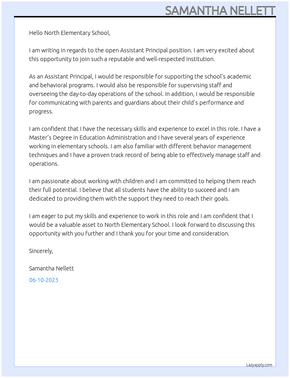 Assistant Principal  At North Elementary School Cover Letter