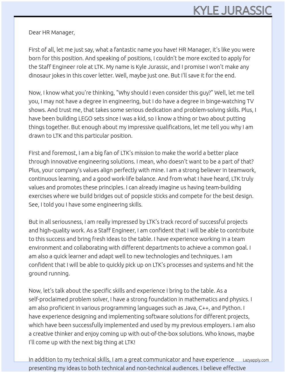 Staff Engineer At LTK Cover Letter