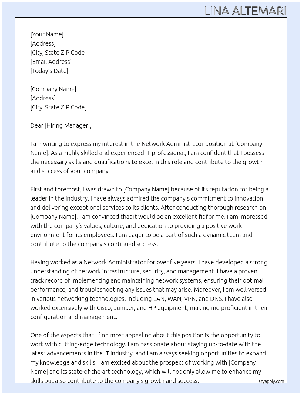 network administrator At fill Cover Letter