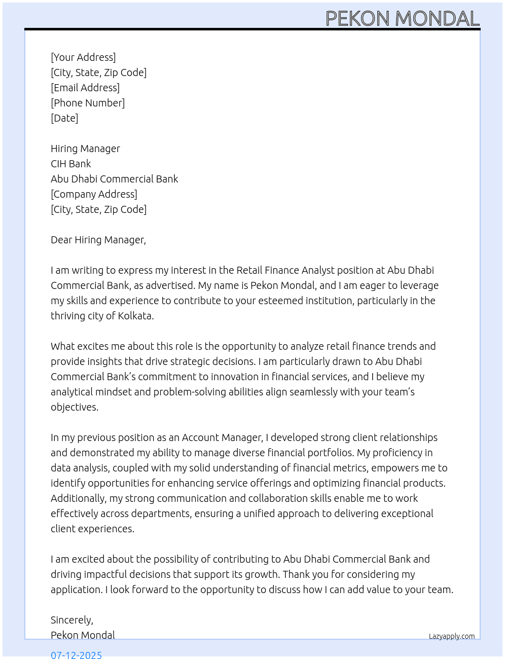 Retail Finance Analyst At Abu Dhabi Commercial Bank Cover Letter