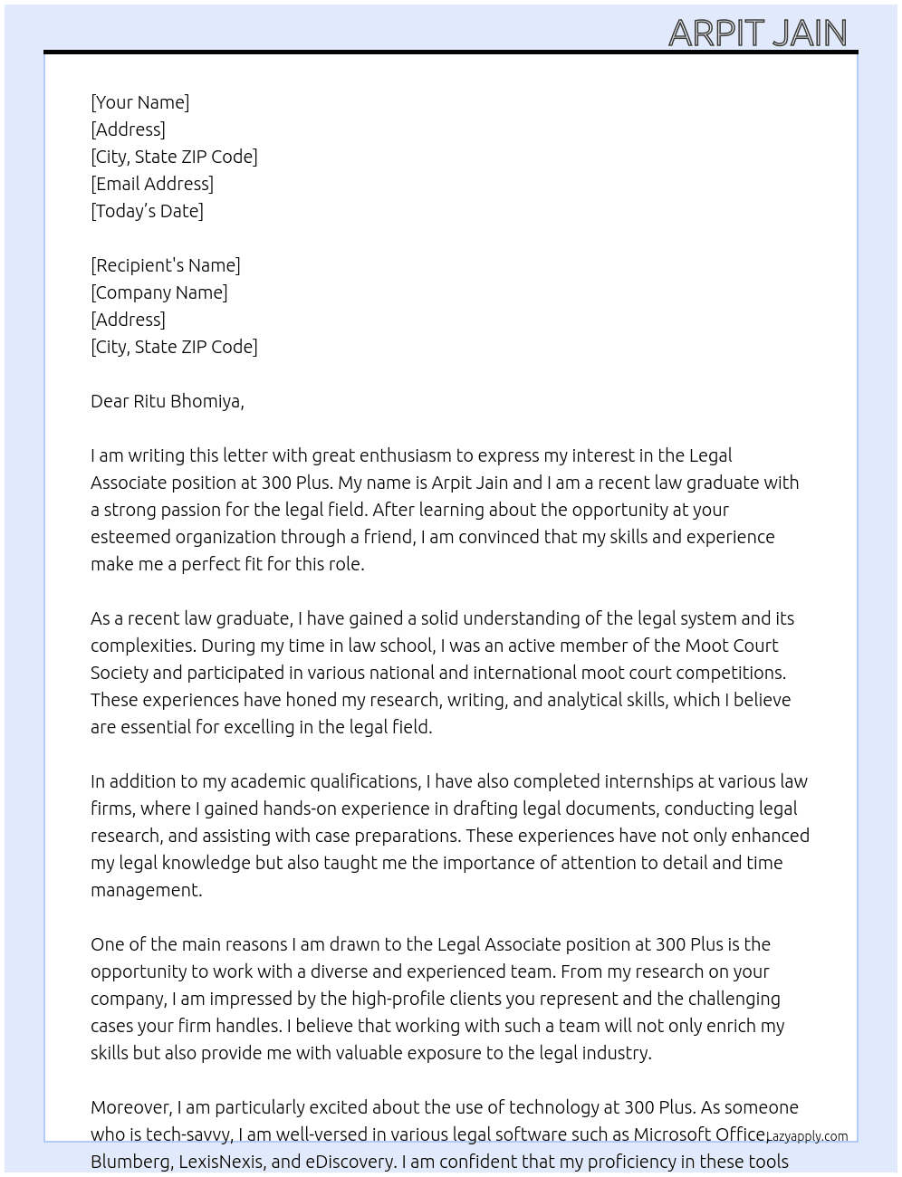 Legal associate  At 300 plus Cover Letter