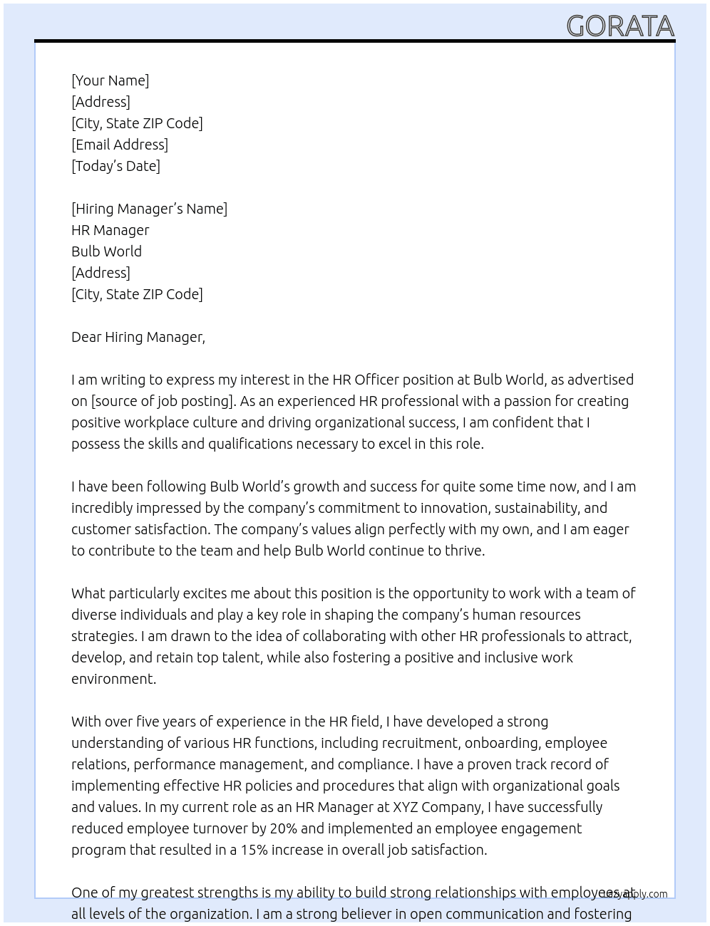 hr officer At Bulb World Cover Letter