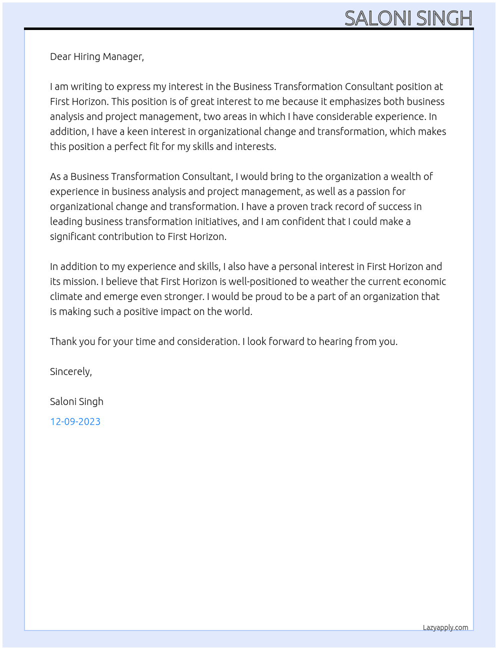 Business Transformation Consultant At First Horizon Cover Letter
