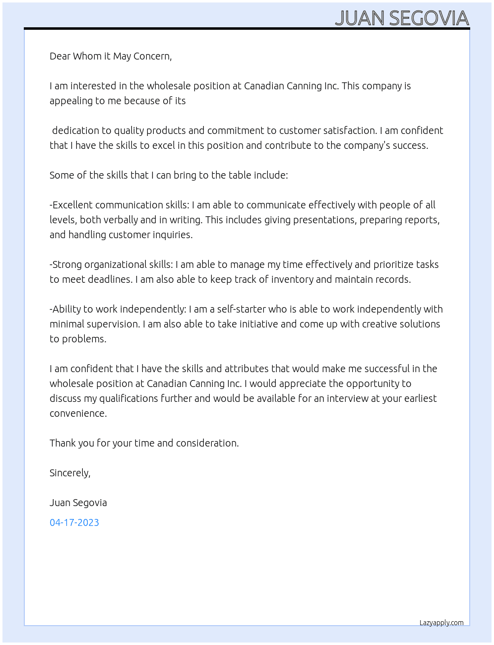 Wholesale At Canadian Canning Inc Cover Letter