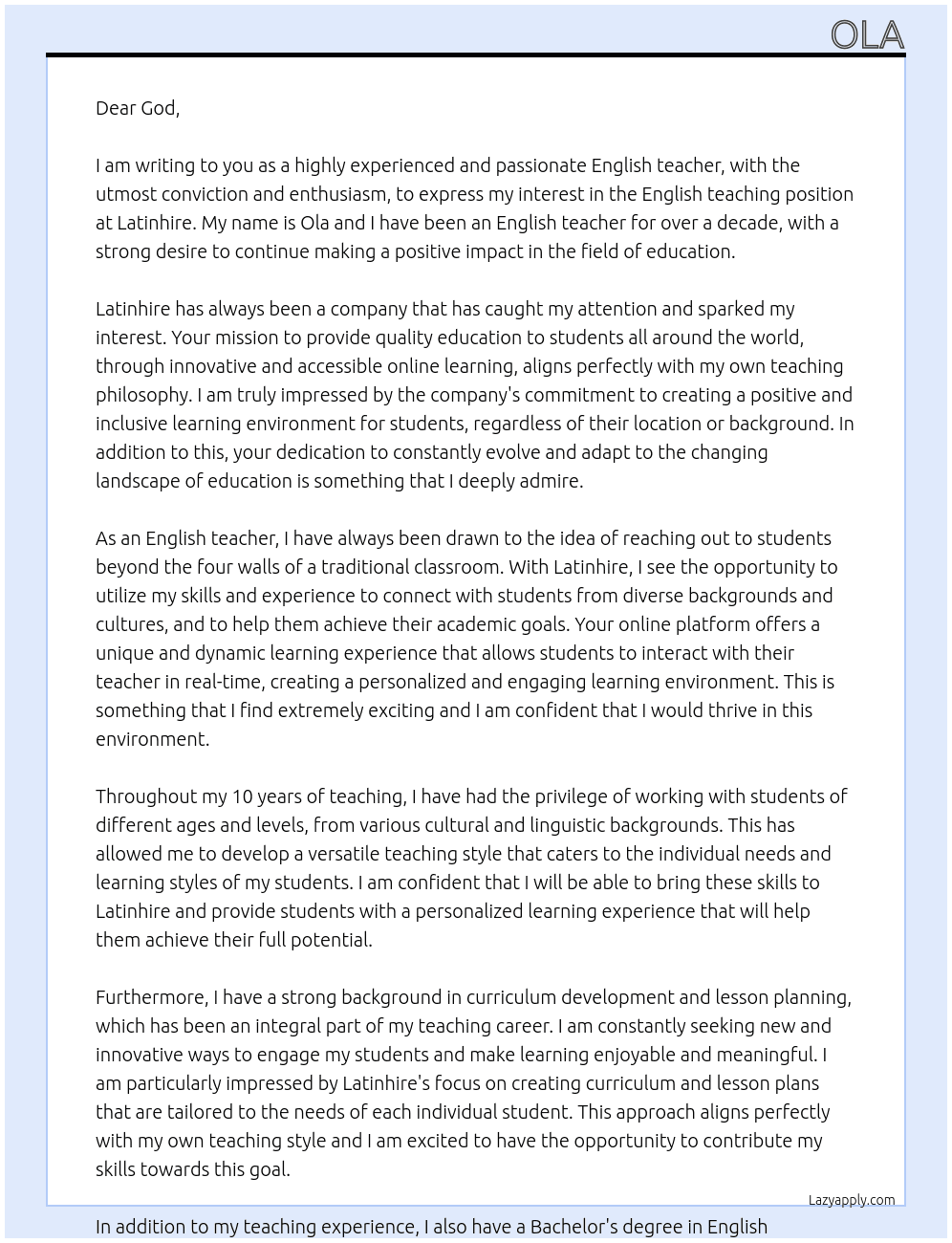experiece as an engkisg teacher At latinhire Cover Letter
