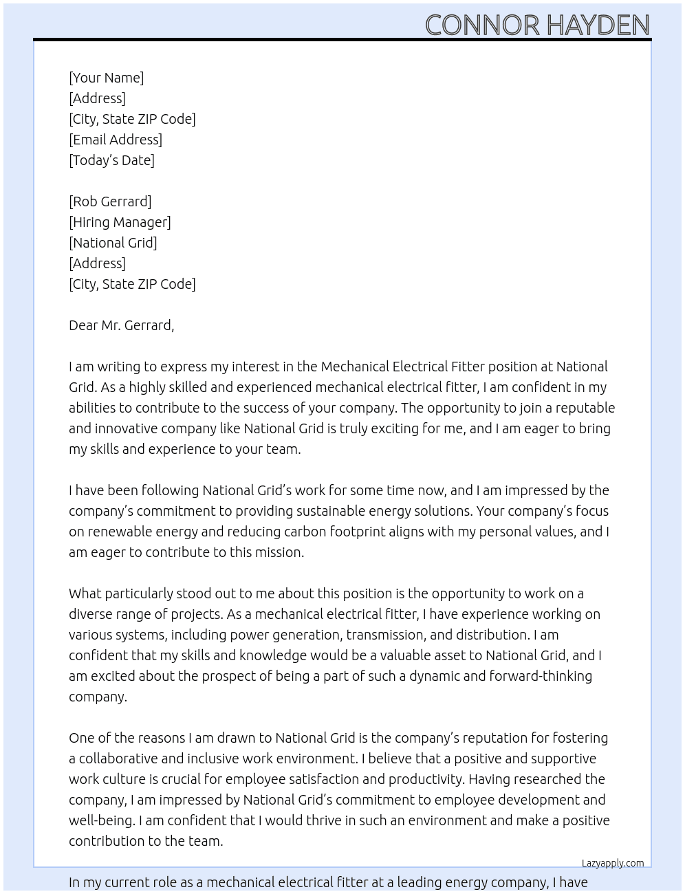 mechanical electrical fitter At national grid Cover Letter