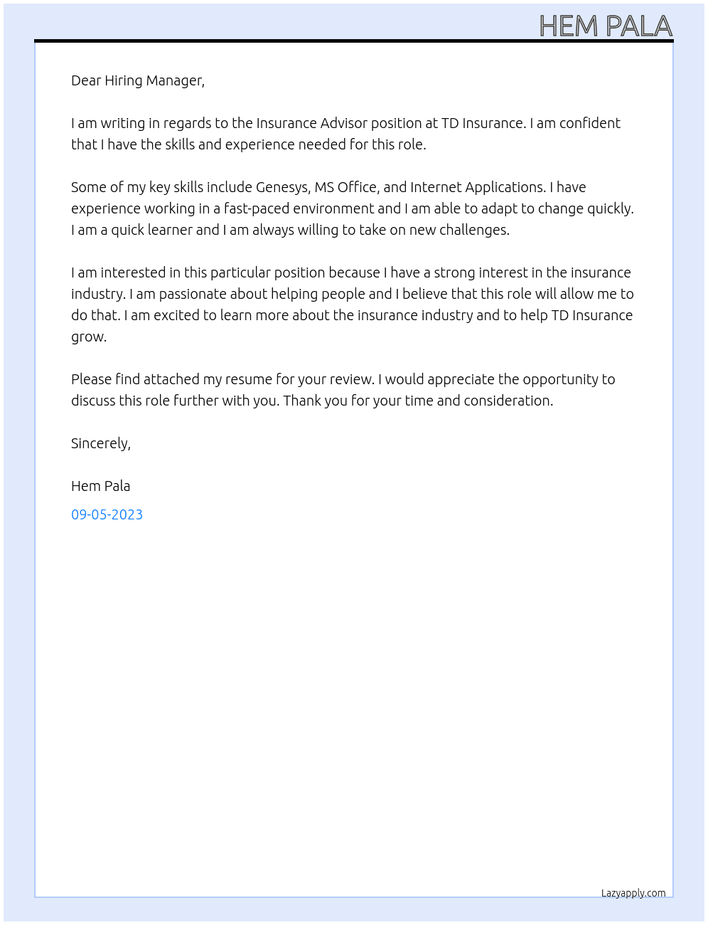 Insurance Advisor At TD Insurance Cover Letter
