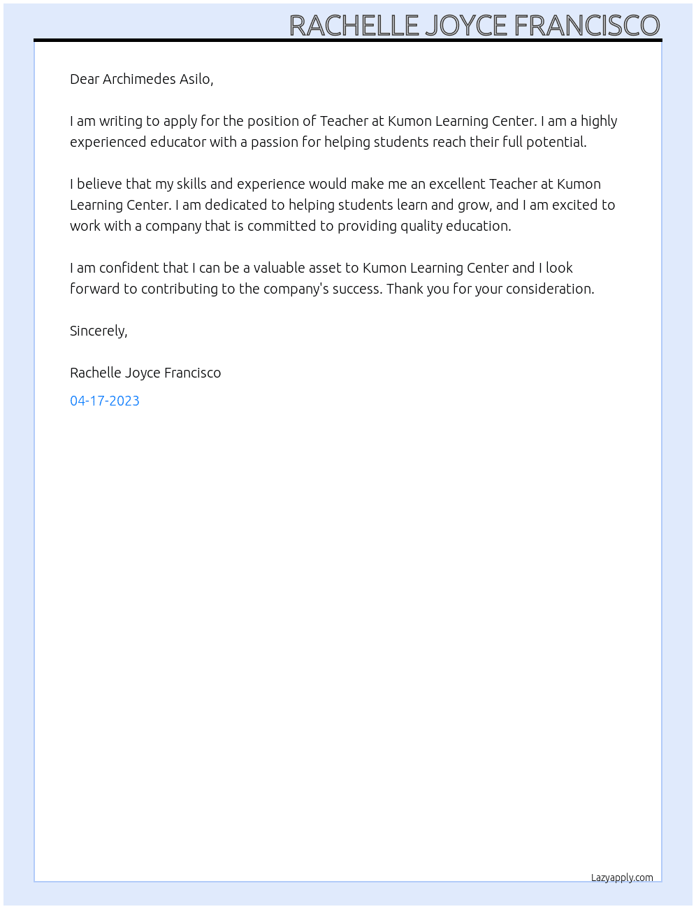 Teacher At Kumon Learning Center Cover Letter