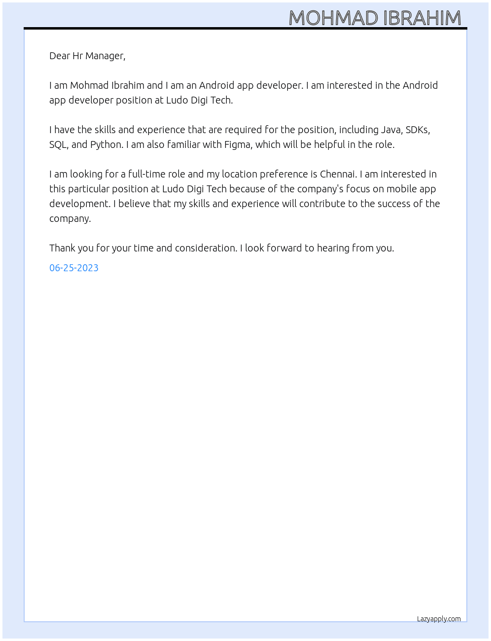 Android app developer  At Ludo digi tech Cover Letter